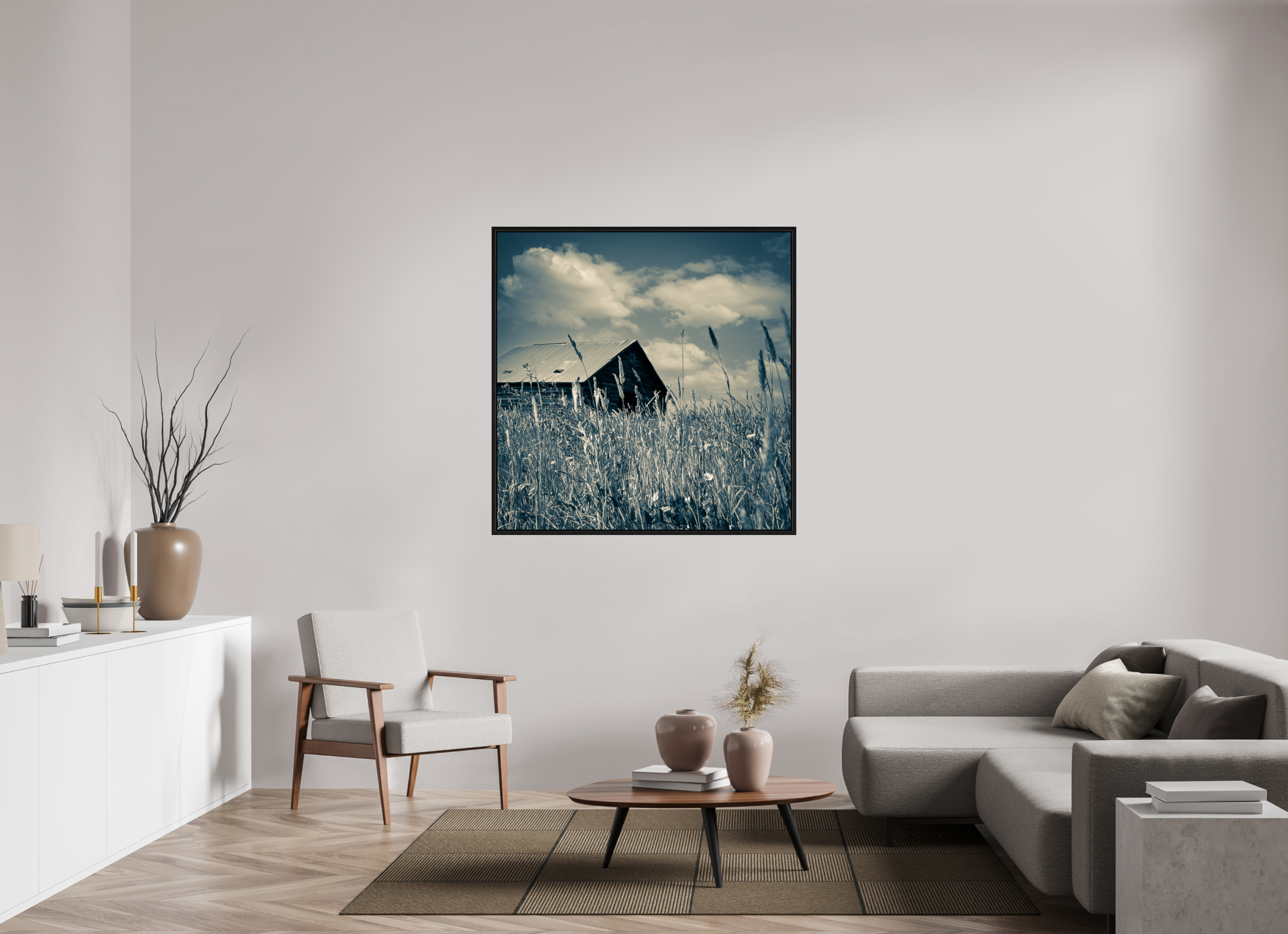 47 x 47.6″, Floater Frame Reclaimed: Abandoned Barn Through Prairie Grass