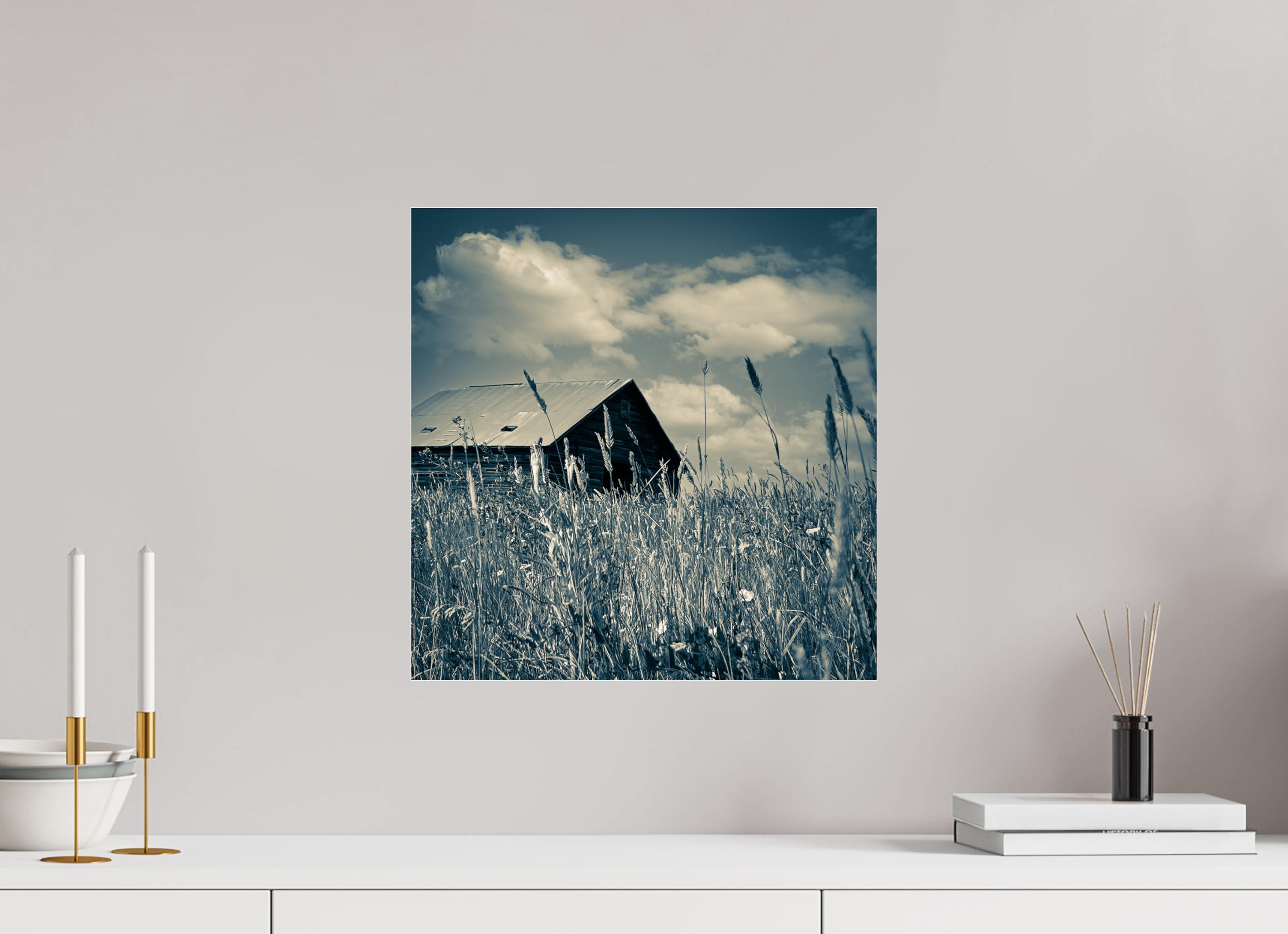 16 x 16.2″, Photo Print Under Acrylic Glass Reclaimed: Abandoned Barn Through Prairie Grass