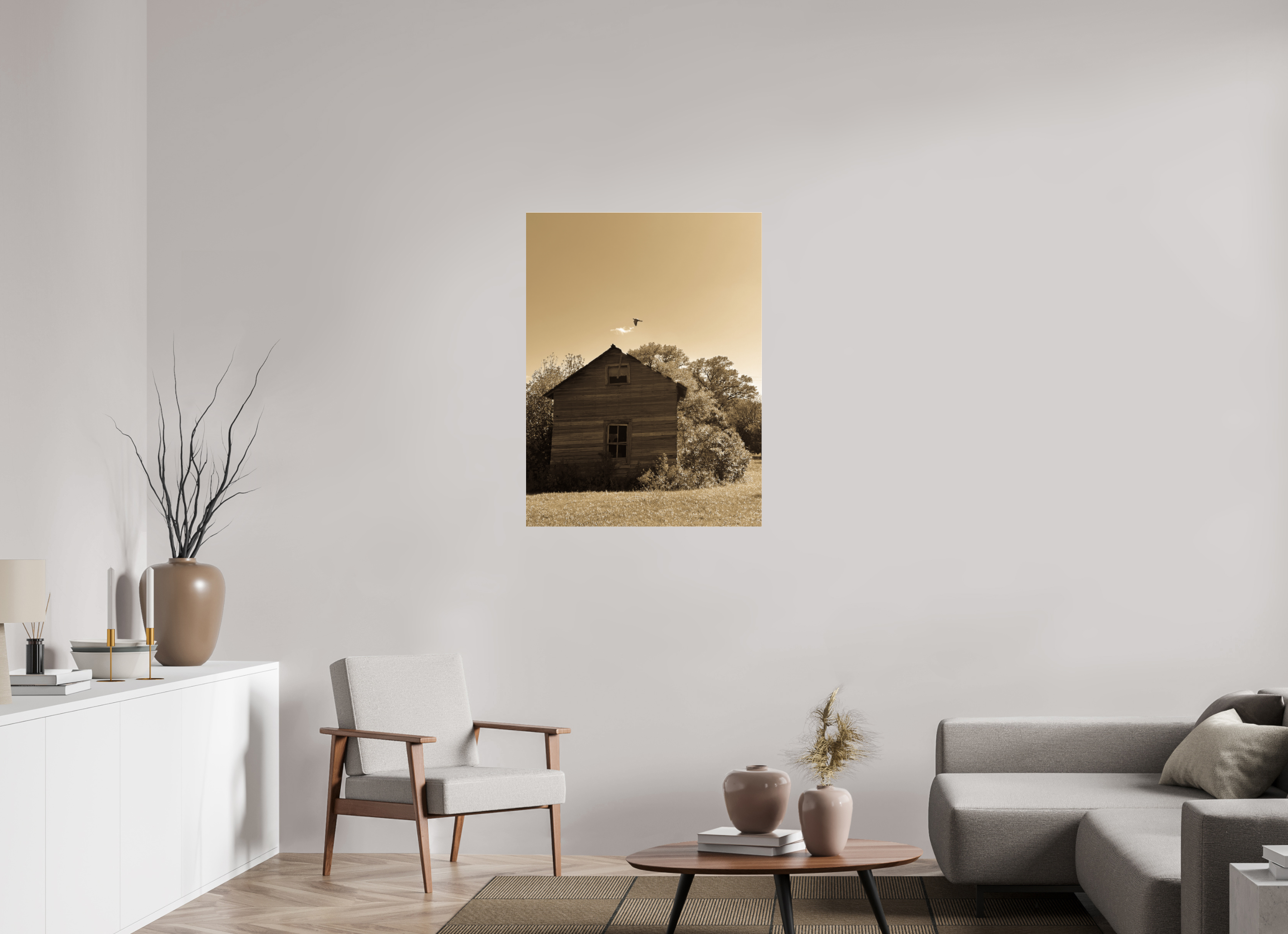 30 x 40″, Photo Print Under Acrylic Glass Taking Flight: Abandoned Homestead with Bird Fine Art Print
