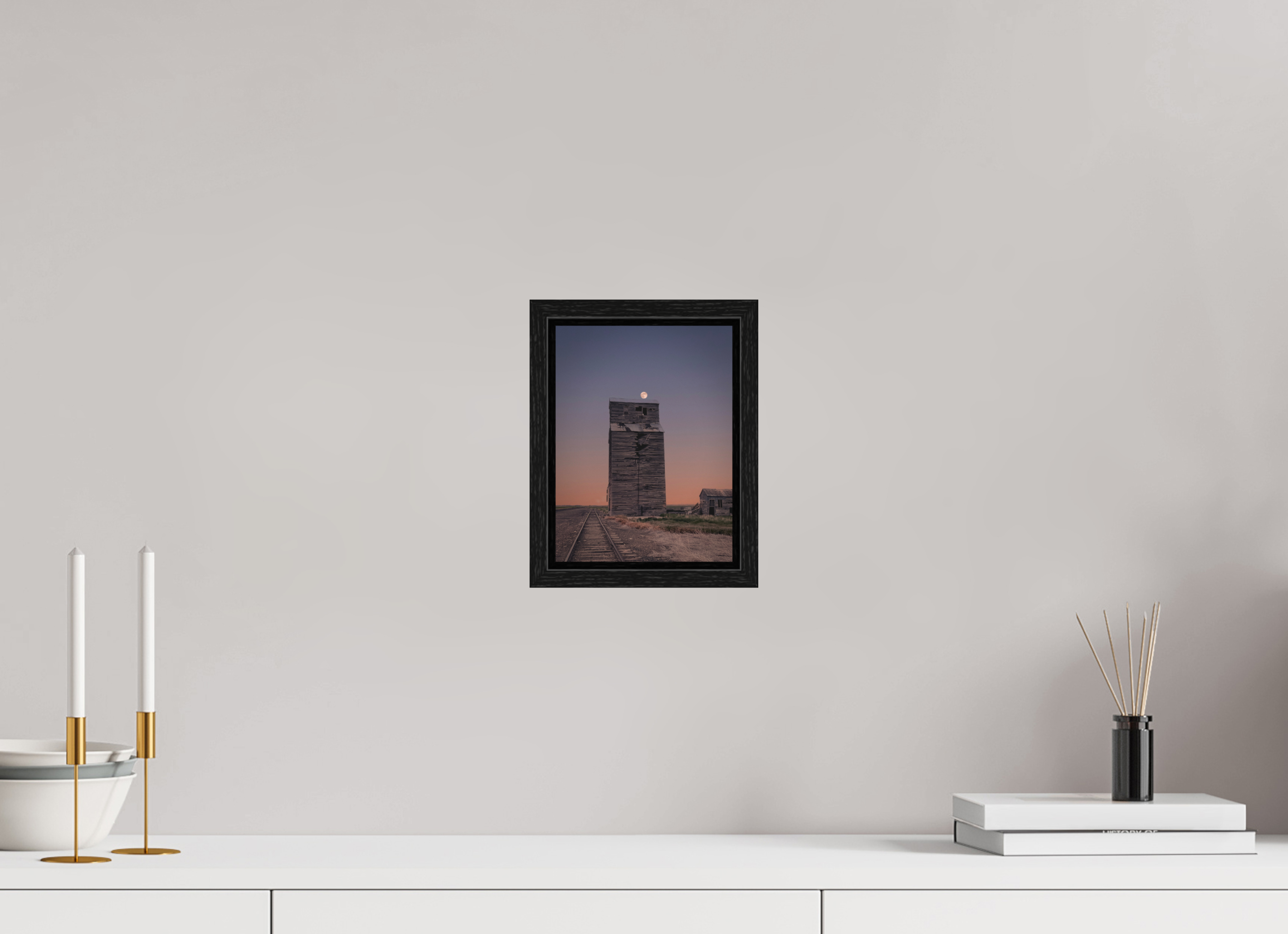 6 x 8″, Floater Frame Pink Moon Haze: Abandoned Grain Elevator