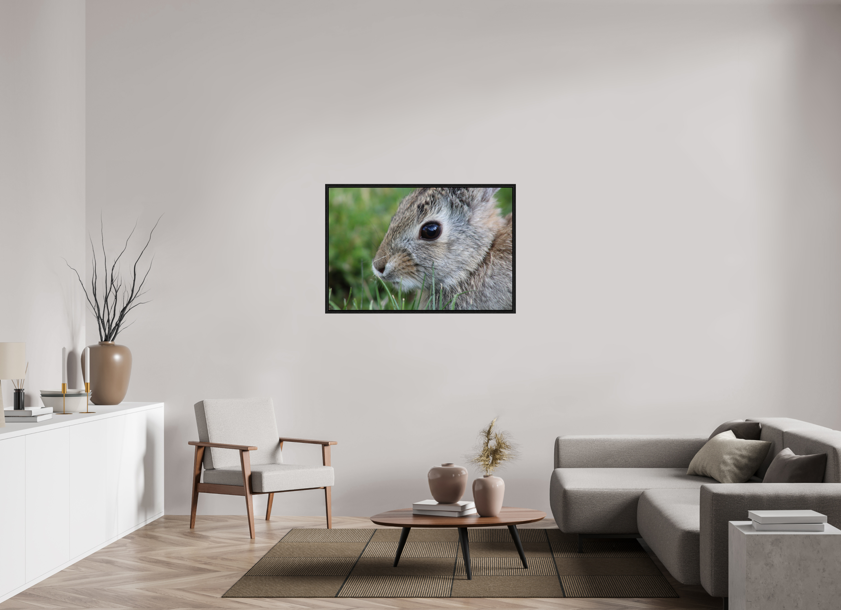 45 x 30″, Floater Frame Eye to Eye: Cottontail Rabbit Portrait