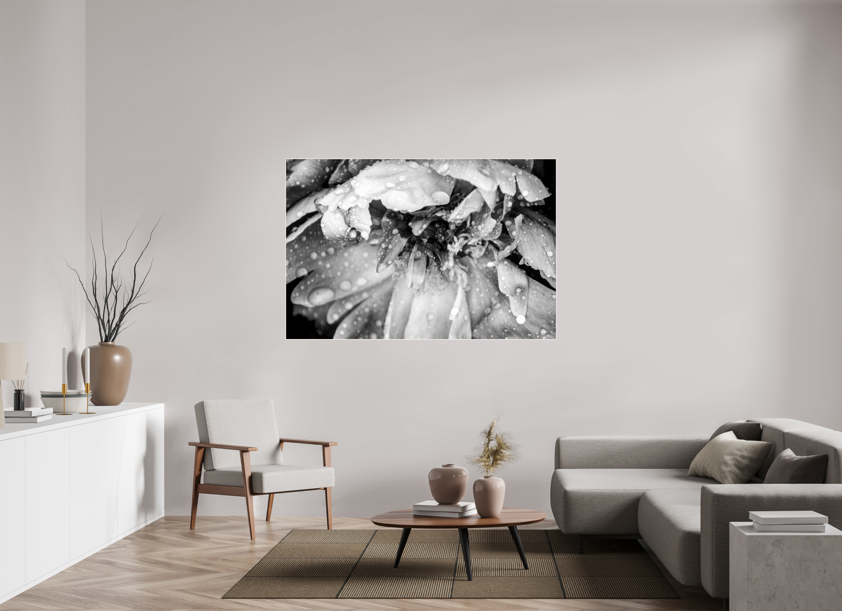 66 x 44″, Wood ArtBox with Acrylic After the Rain: Black and White Flower Fine Art Print
