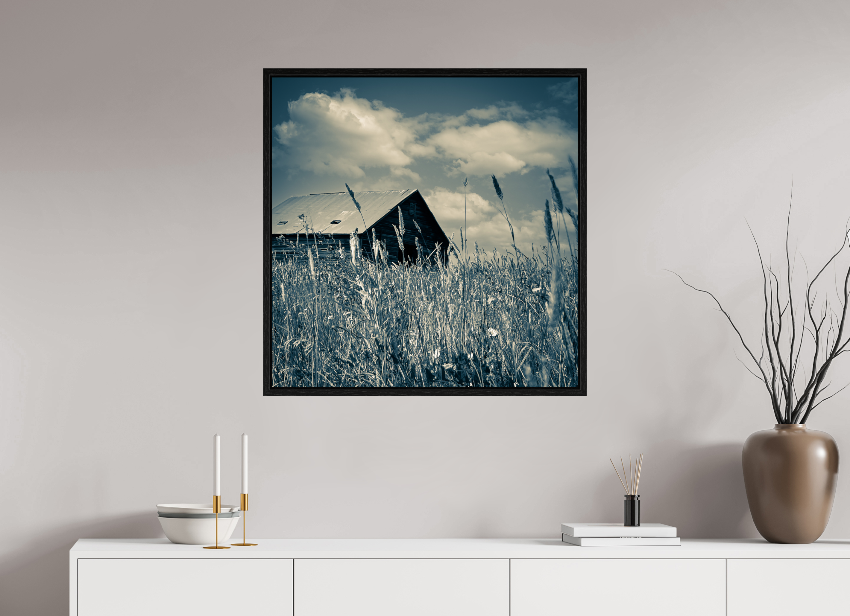 31 x 31.4″, Floater Frame Reclaimed: Abandoned Barn Through Prairie Grass