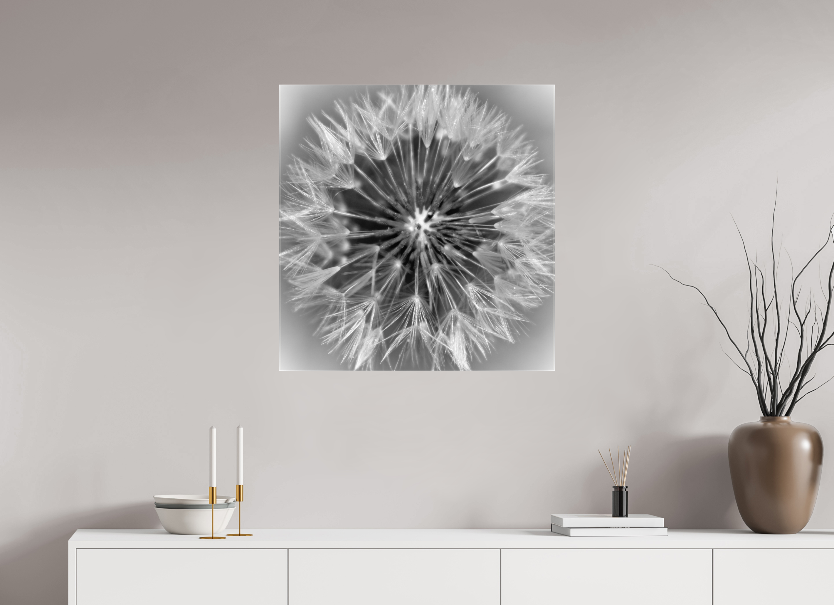 28 x 29″, Gloss Canvas Geometry of a Wish: Dandelion Clock Black and White