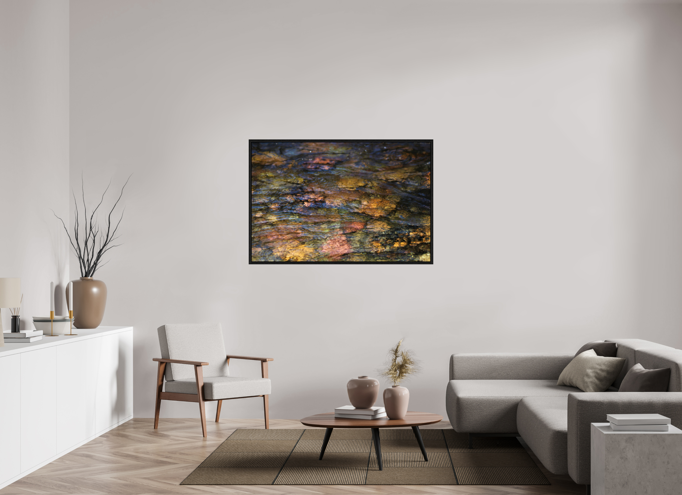 54 x 36″, Floater Frame Liquid Gold: Creek Stone