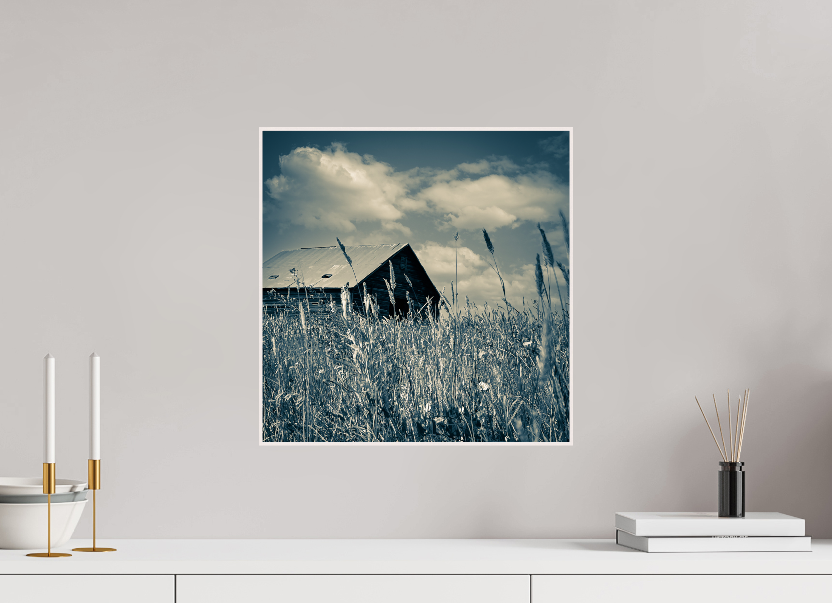 16 x 16.2″, Wood ArtBox with Acrylic Reclaimed: Abandoned Barn Through Prairie Grass
