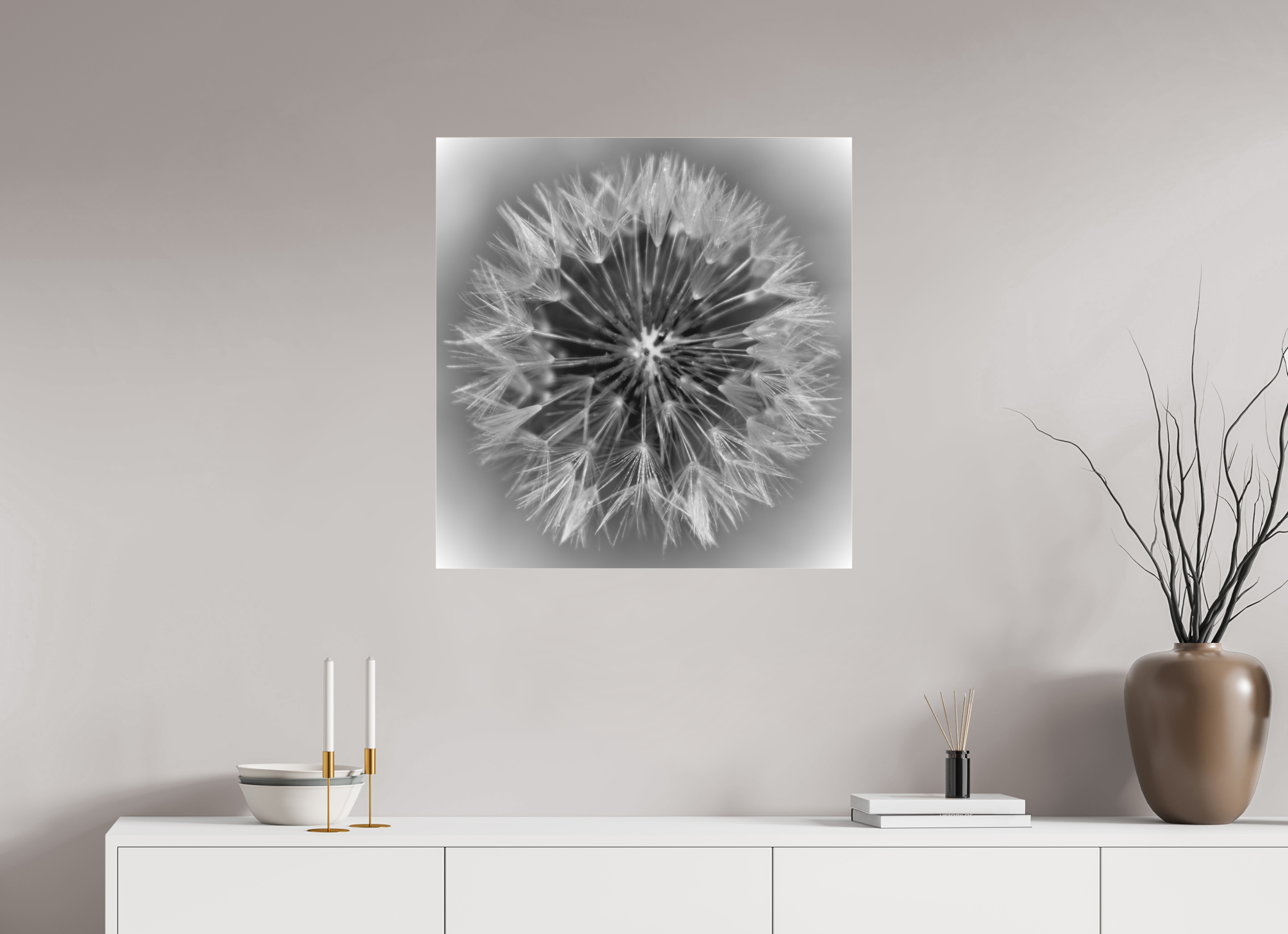 28 x 29″, B & W Acrylic Geometry of a Wish: Dandelion Clock Black and White