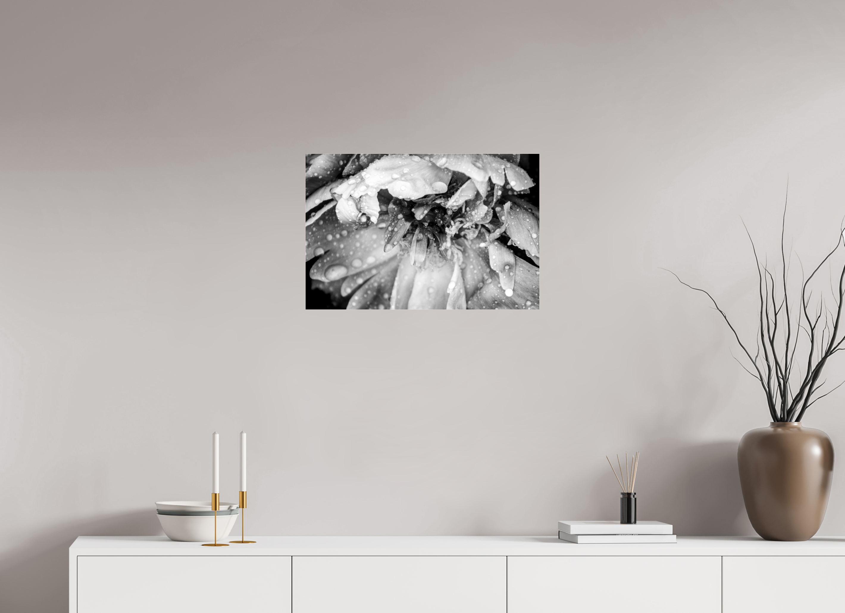 24 x 16″, Photo Print Under Acrylic Glass After the Rain: Black and White Flower Fine Art Print