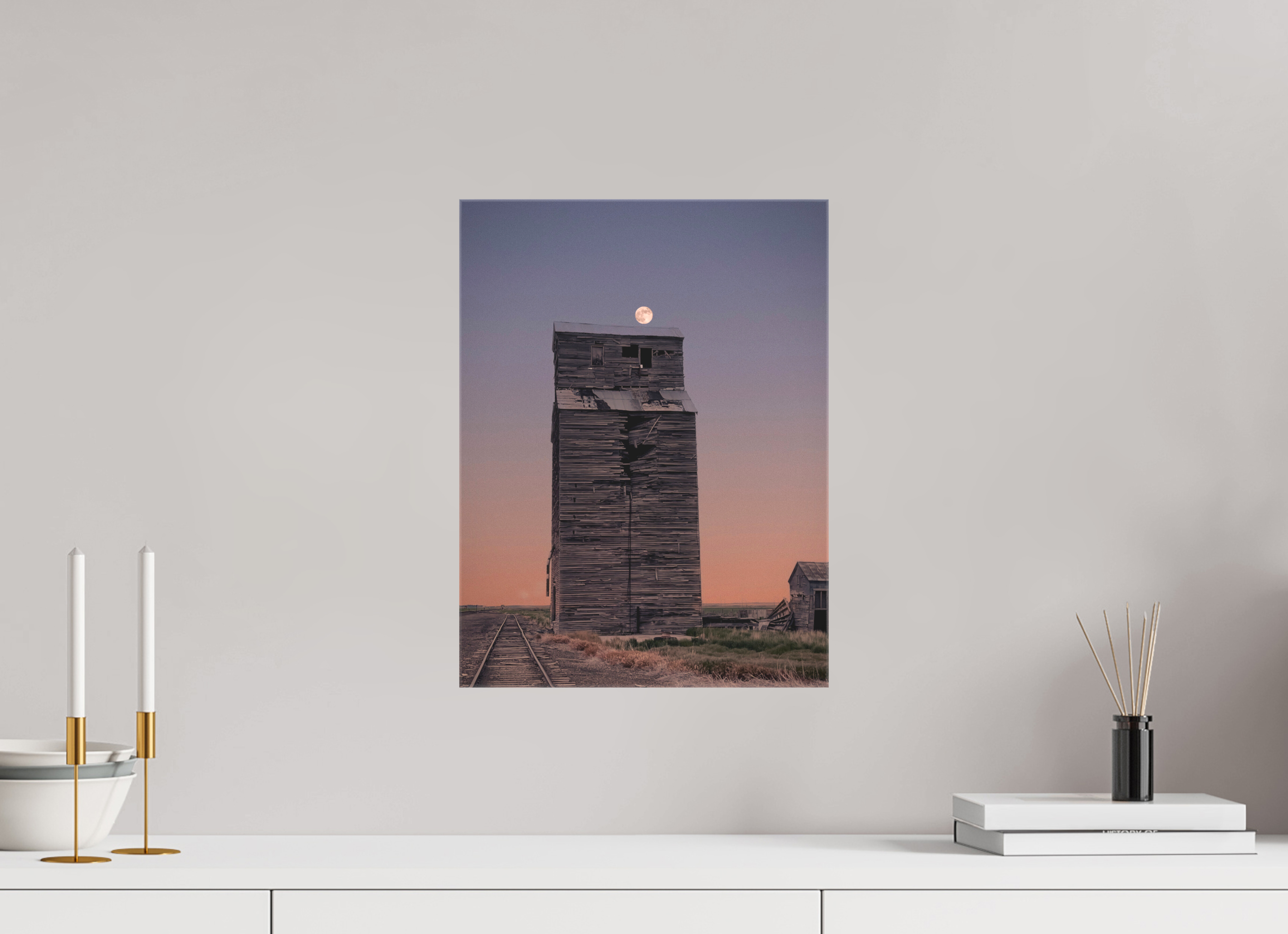 12 x 16″, Gloss Canvas Pink Moon Haze: Abandoned Grain Elevator