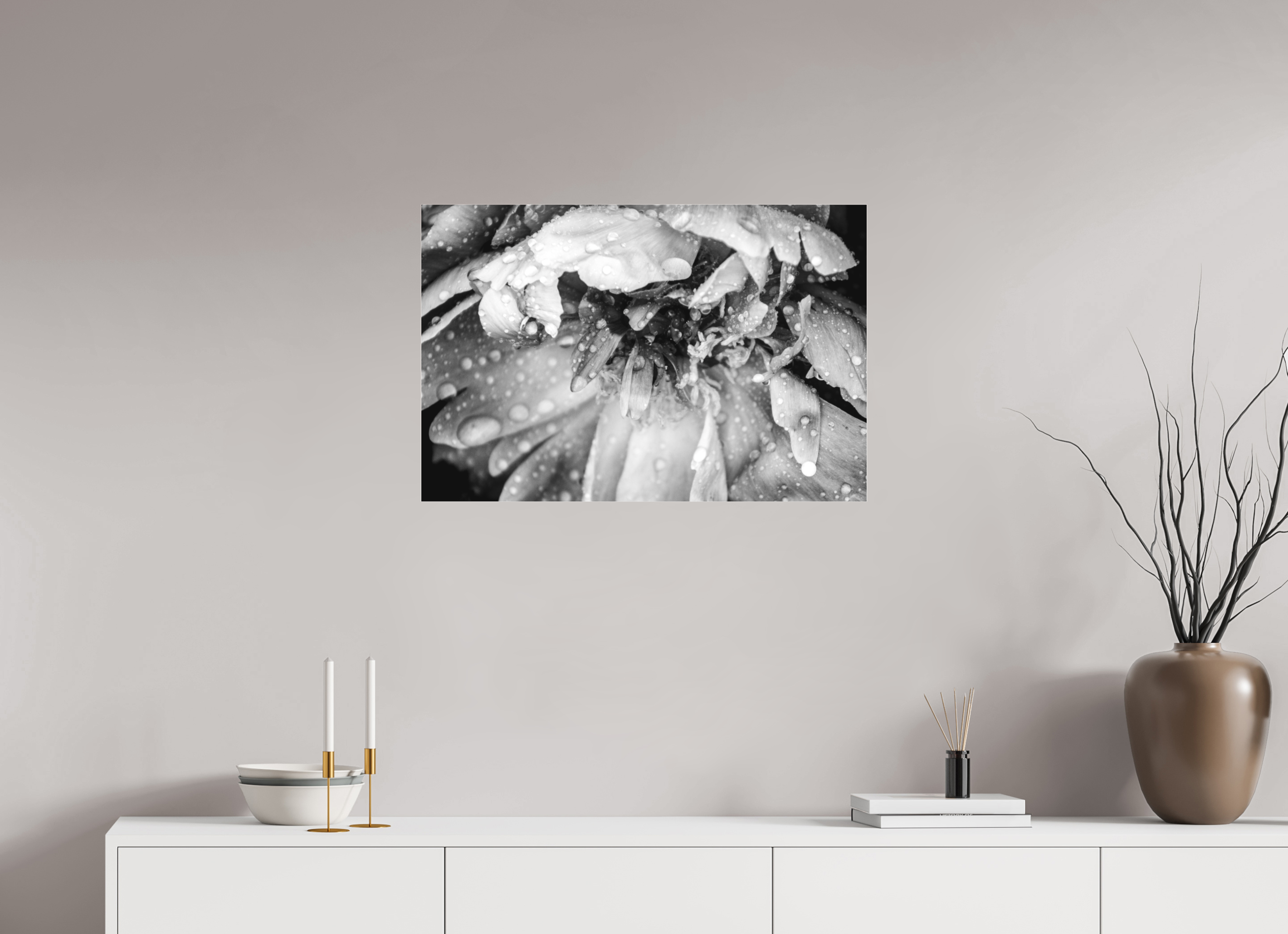 30 x 20″, B & W Acrylic After the Rain: Black and White Flower Fine Art Print
