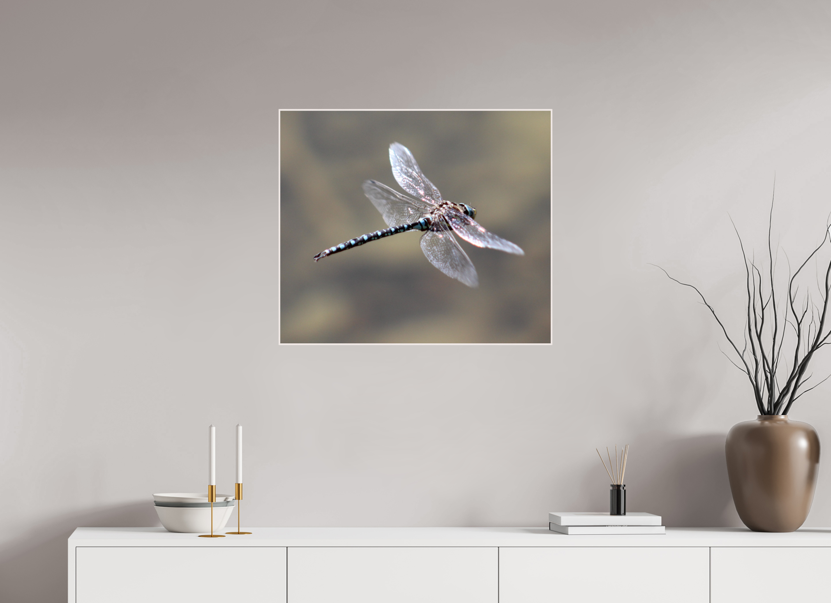 27.9 x 24″, Wood ArtBox with Acrylic Suspended: Blue Dragonfly in Flight