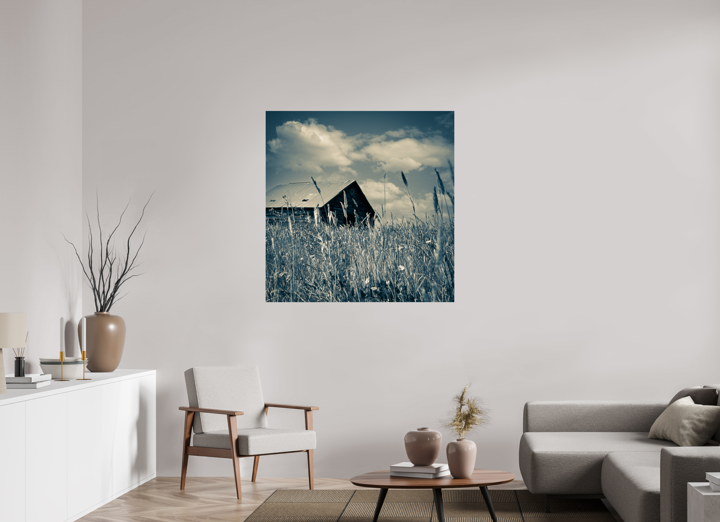 43 x 43.6″, Photo Print Under Acrylic Glass Reclaimed: Abandoned Barn Through Prairie Grass
