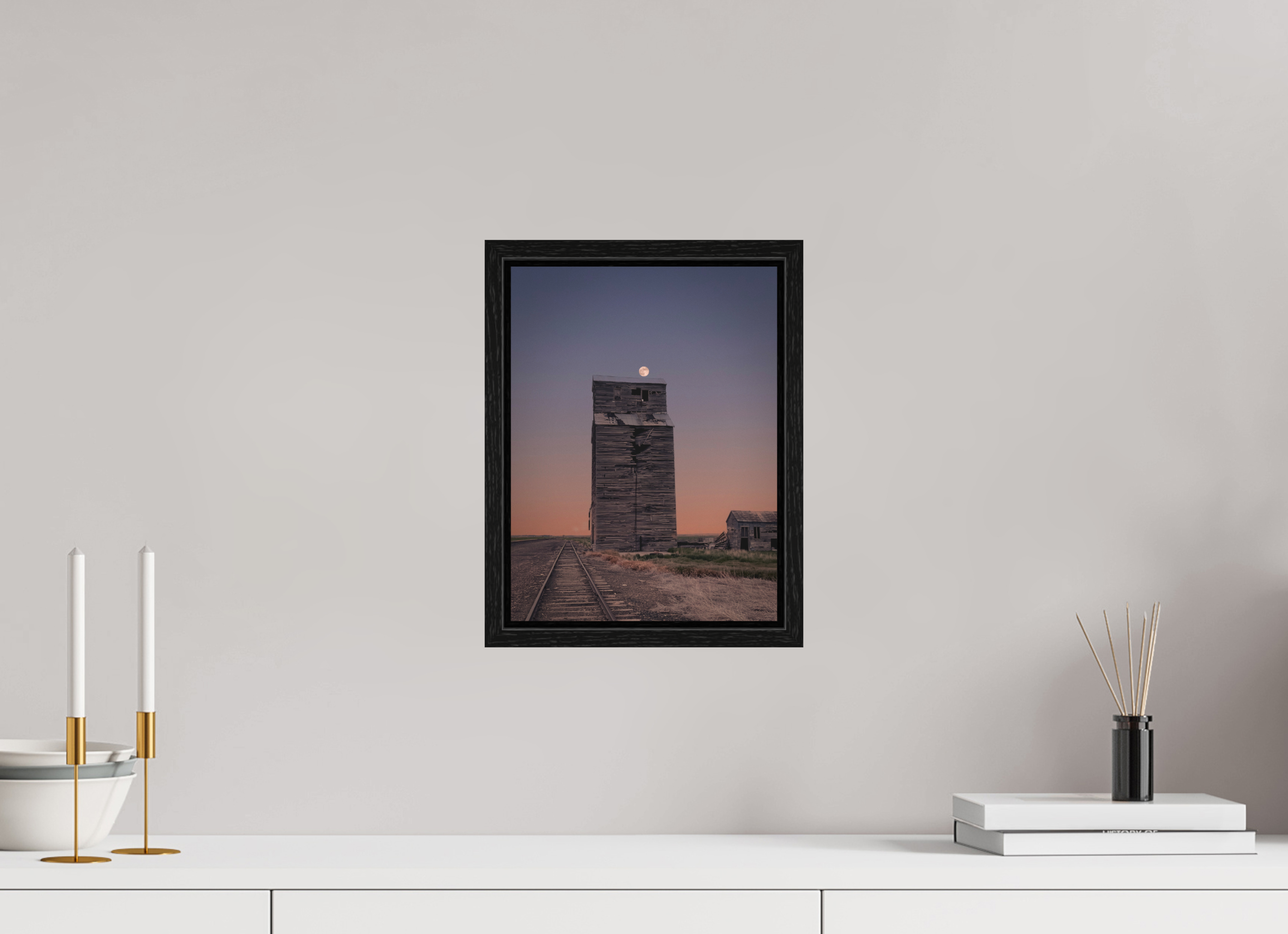 9 x 12″, Floater Frame Pink Moon Haze: Abandoned Grain Elevator