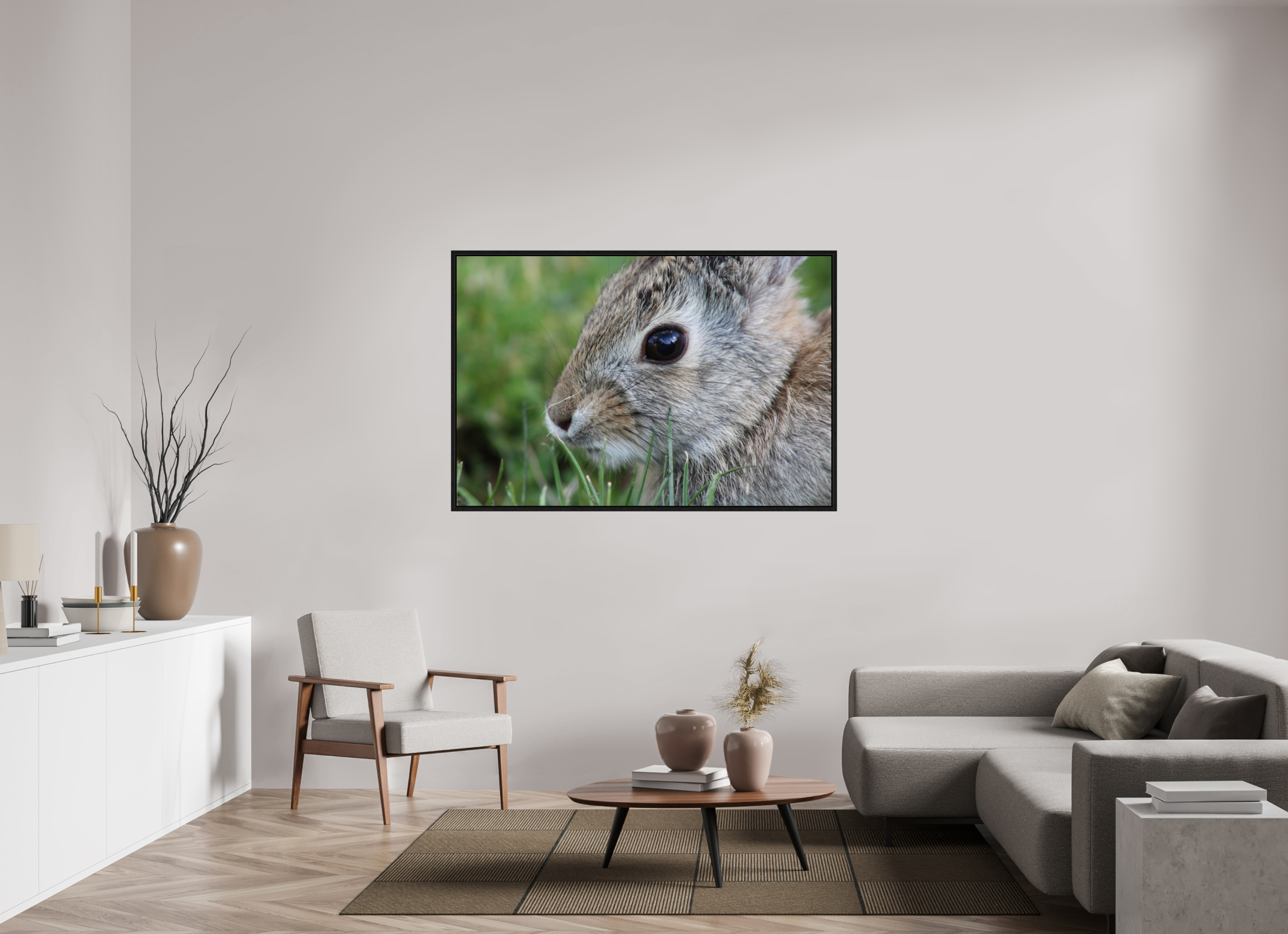60 x 40″, Floater Frame Eye to Eye: Cottontail Rabbit Portrait