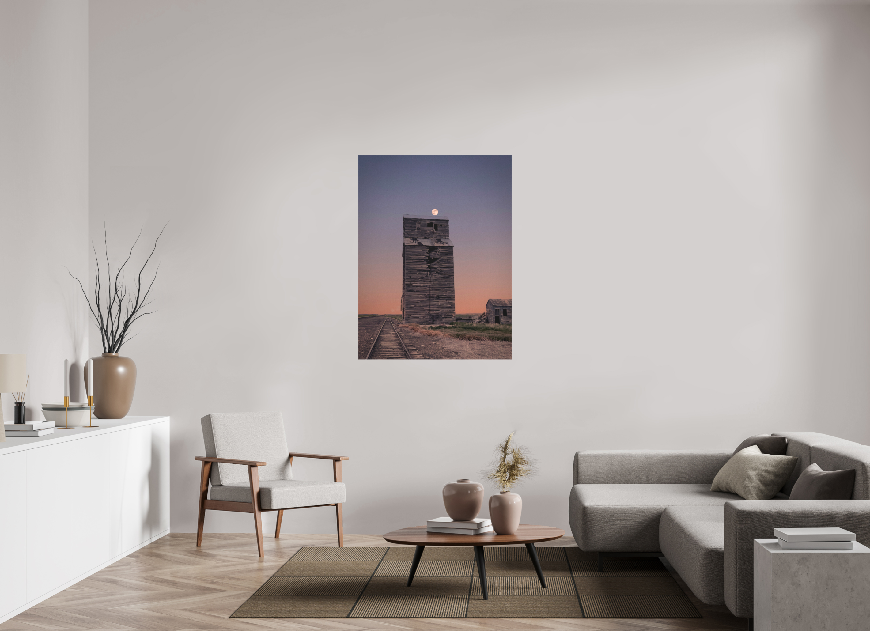 36 x 48″, Gloss Canvas Pink Moon Haze: Abandoned Grain Elevator