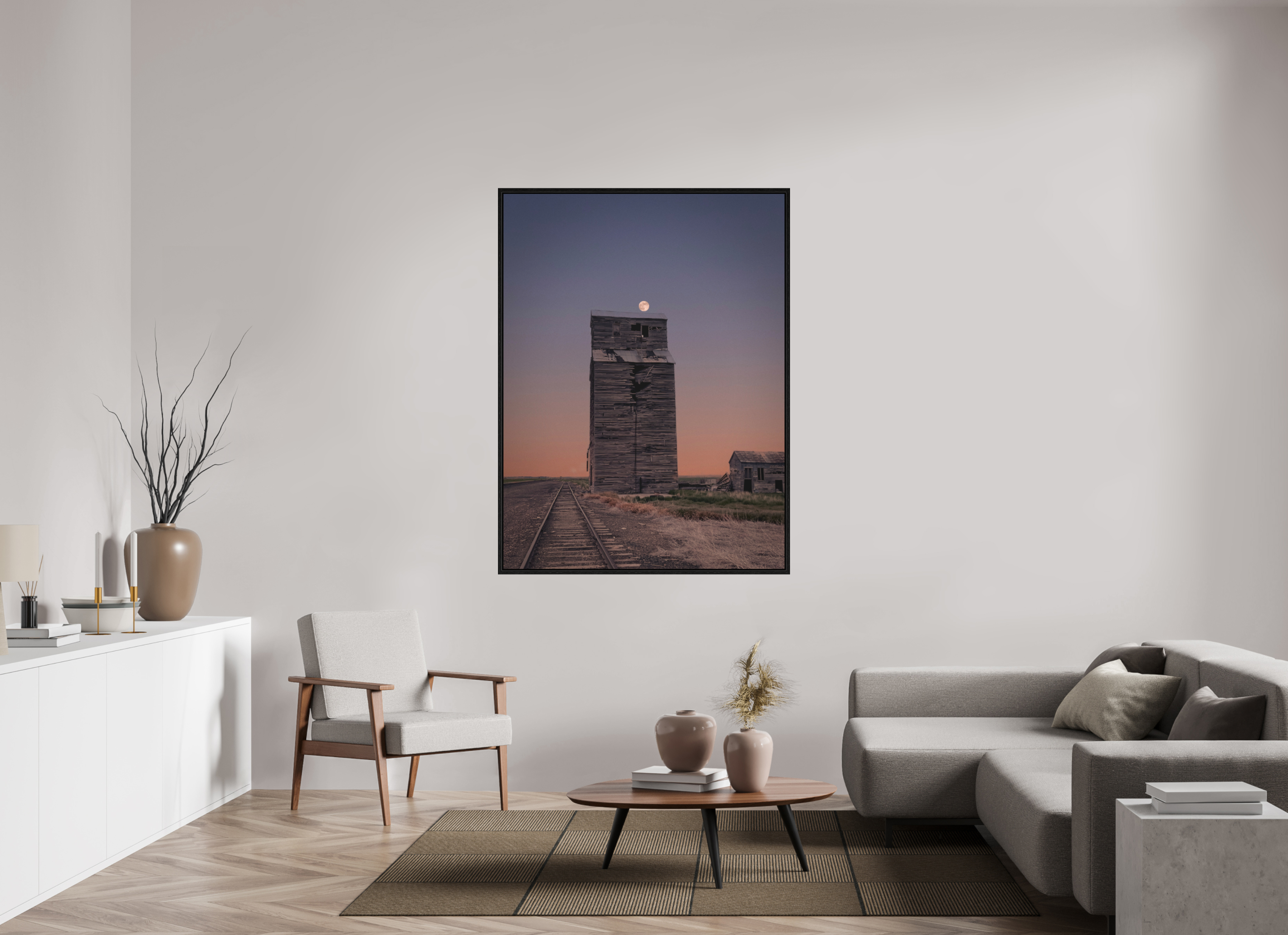45 x 60″, Floater Frame Pink Moon Haze: Abandoned Grain Elevator