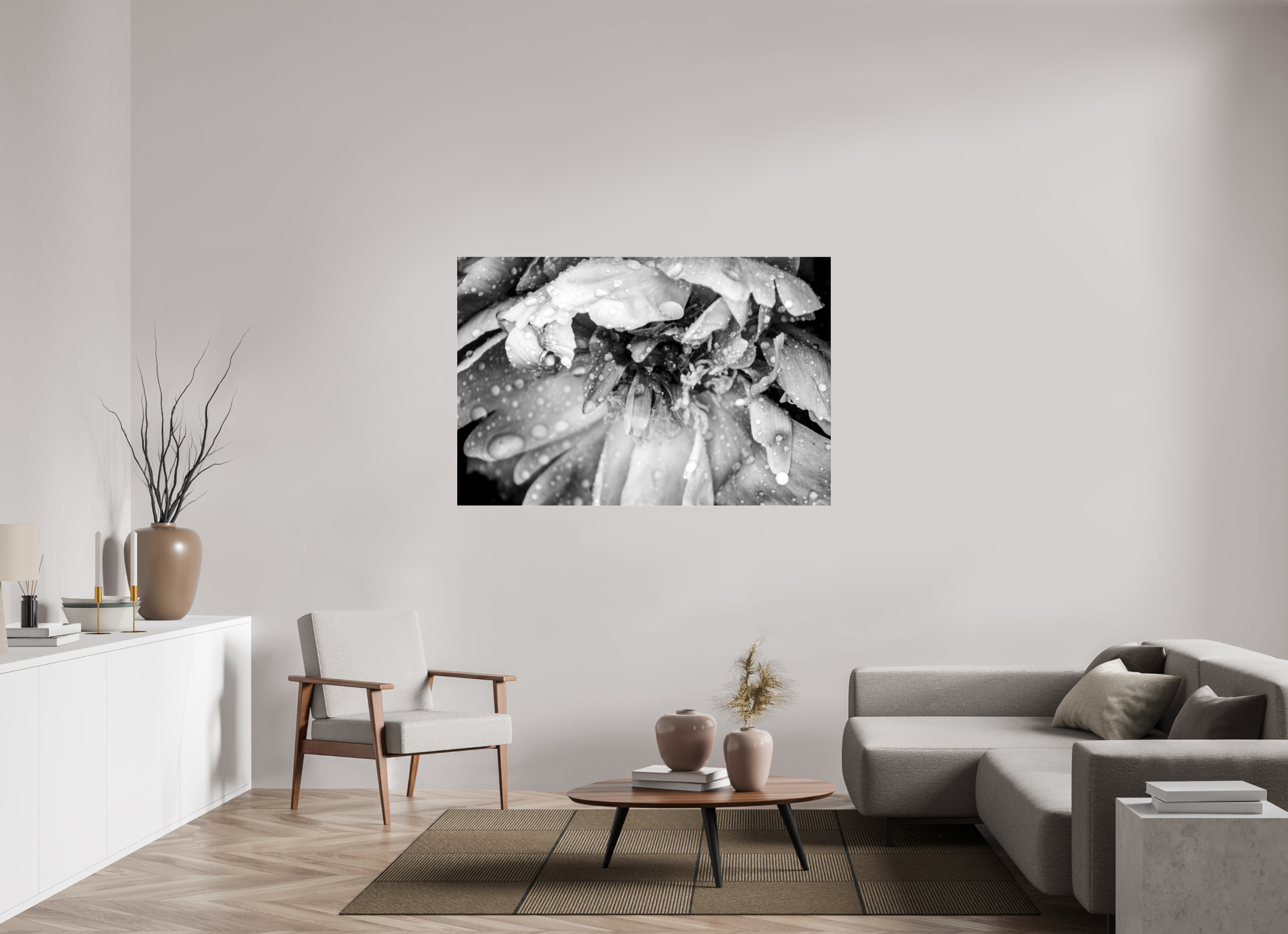 60 x 40″, Photo Print Under Acrylic Glass After the Rain: Black and White Flower Fine Art Print
