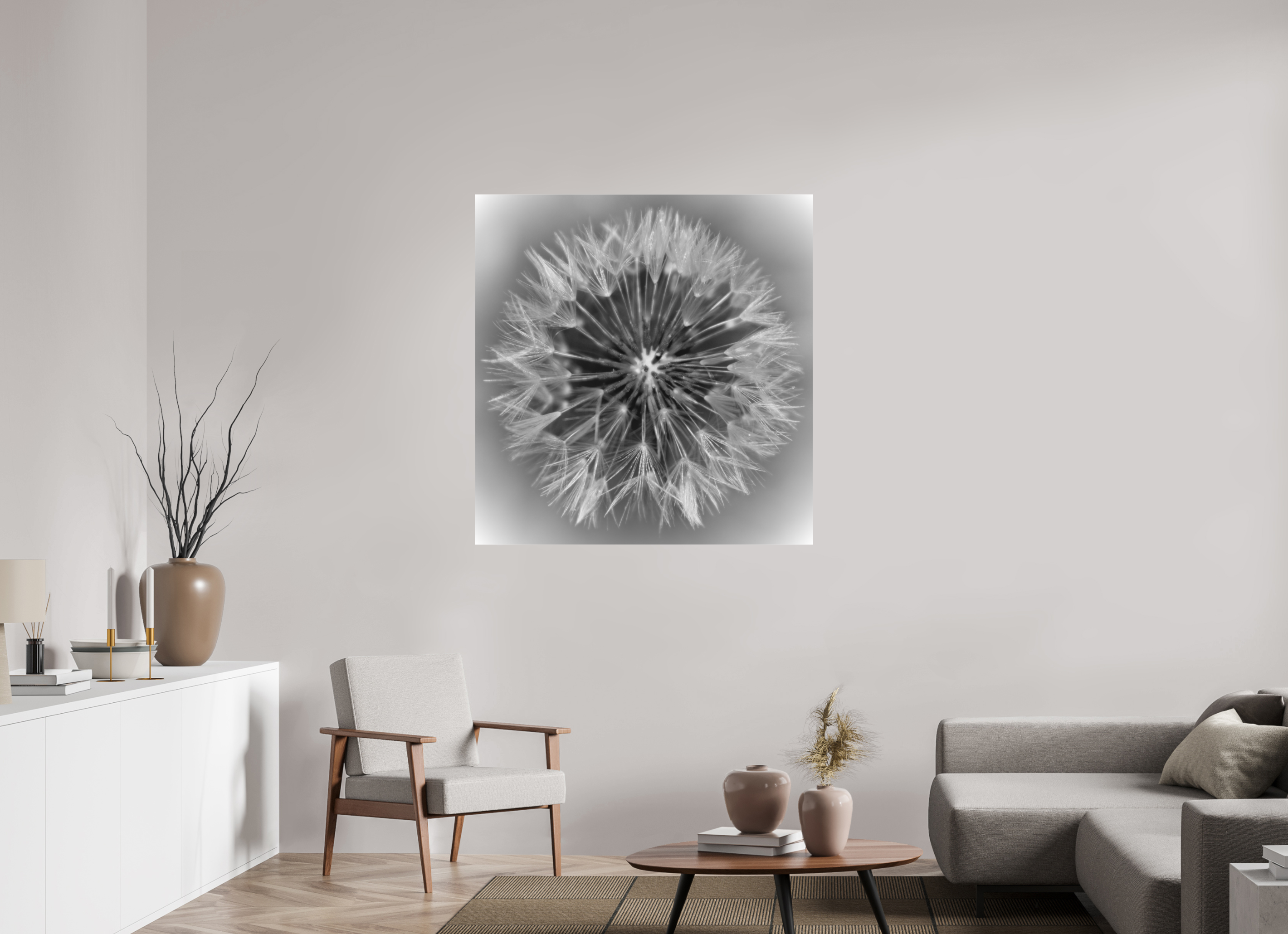 43 x 44.6″, B & W Acrylic Geometry of a Wish: Dandelion Clock Black and White