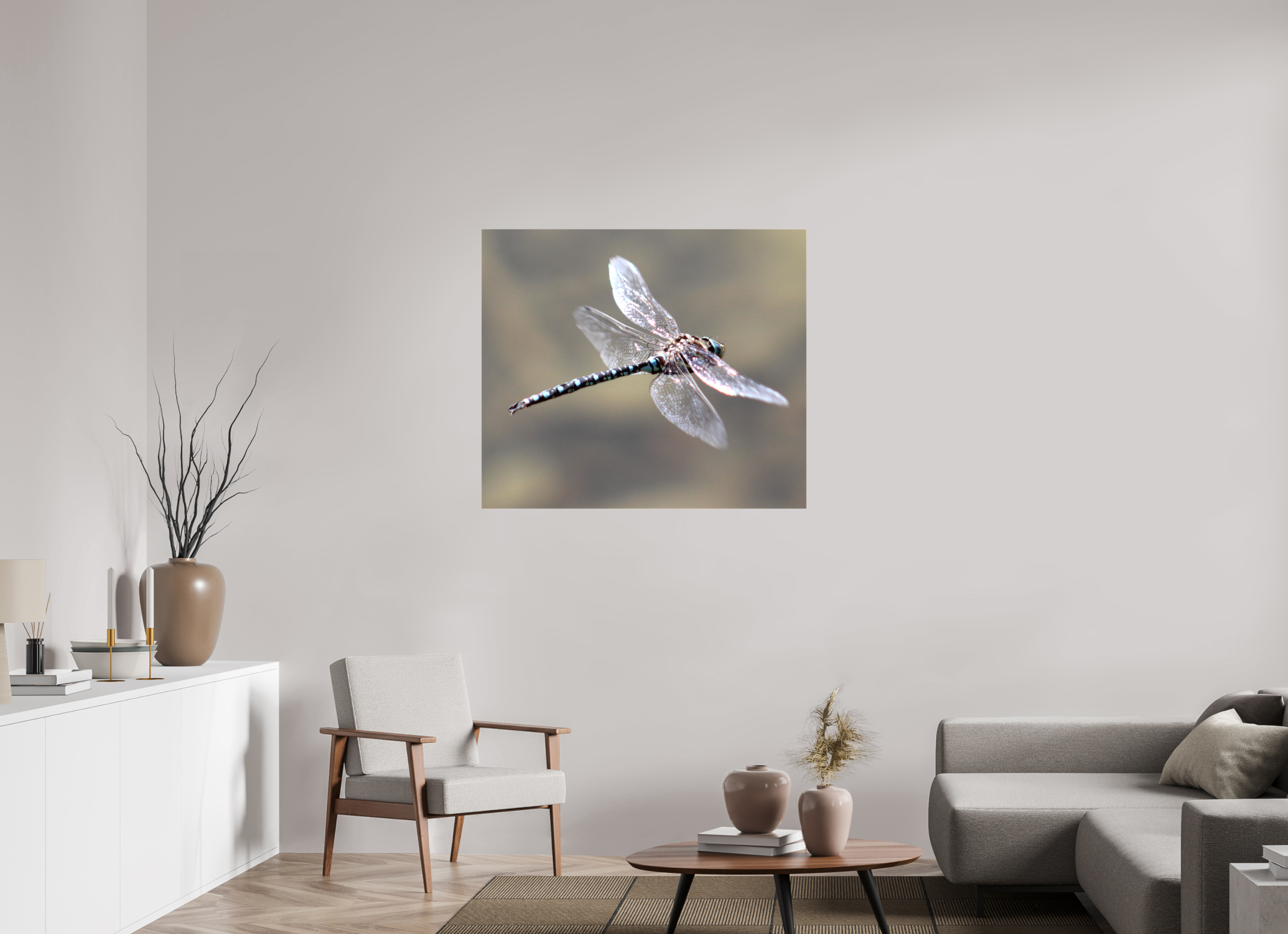 40.7 x 35″, Gloss Canvas Suspended: Blue Dragonfly in Flight