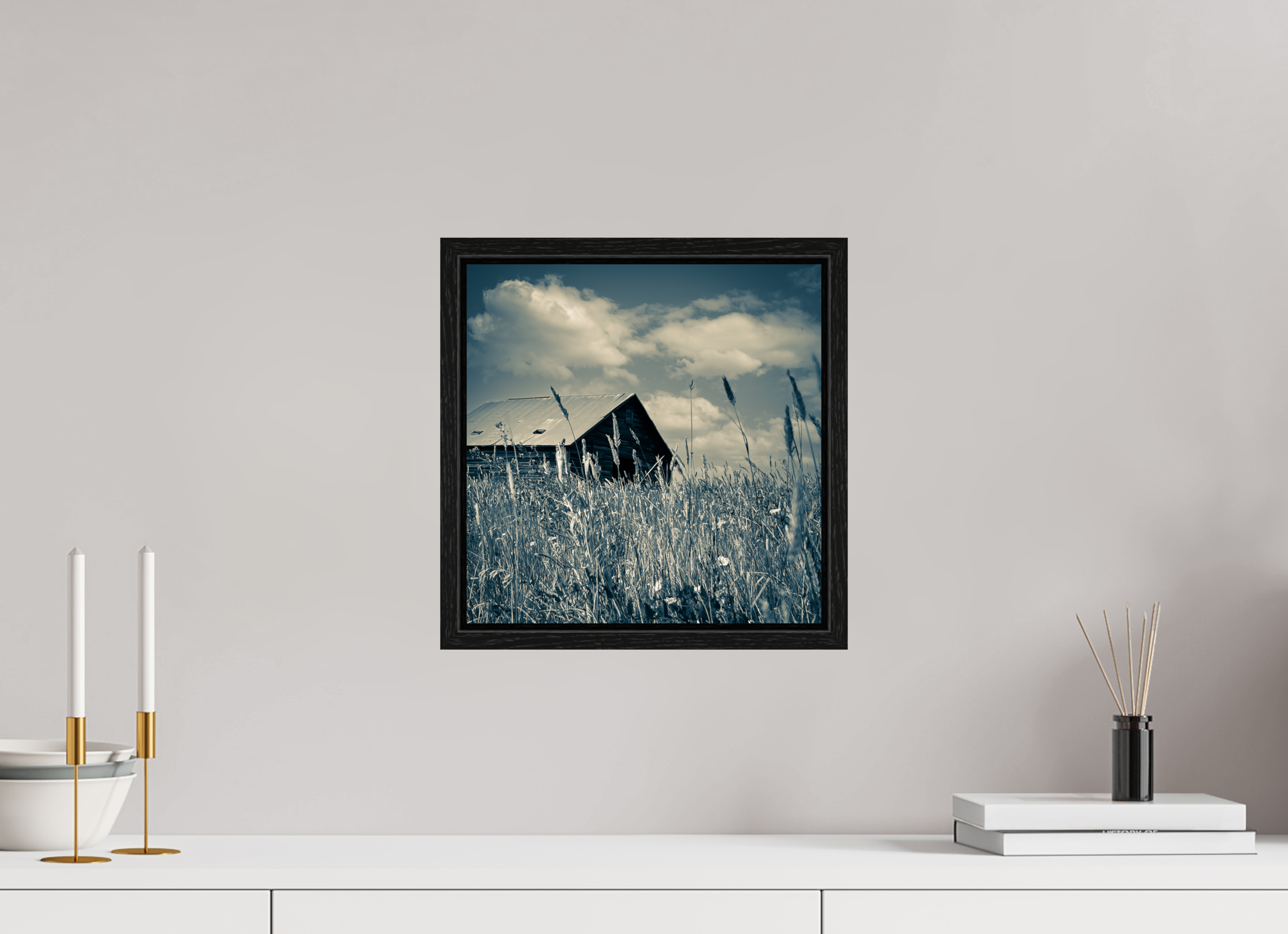 12 x 12.2″, Floater Frame Reclaimed: Abandoned Barn Through Prairie Grass